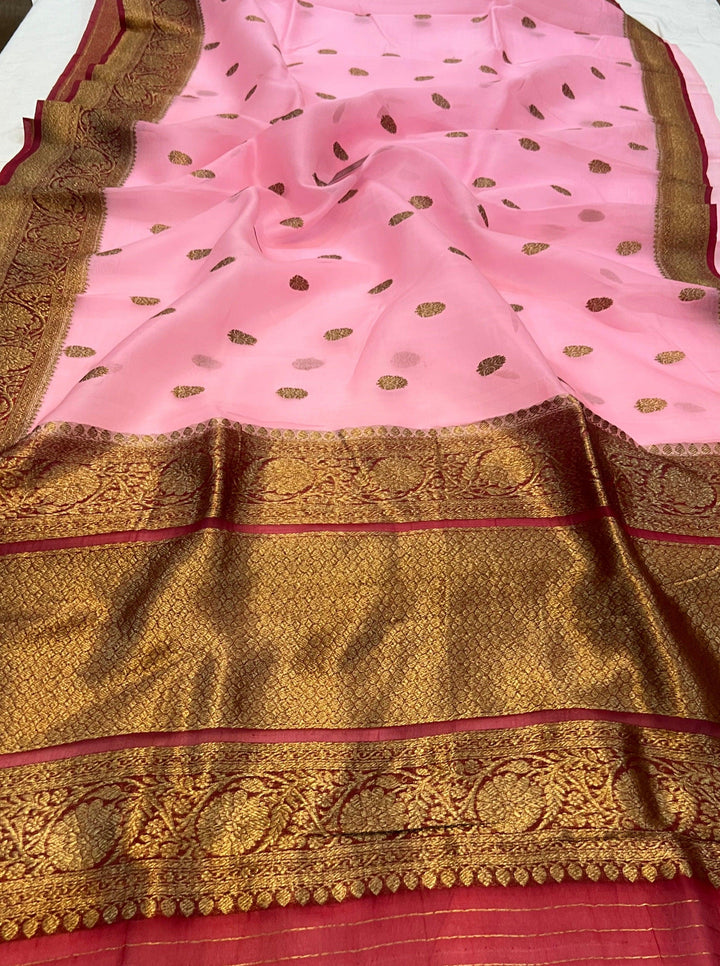 Baby Pink Banarasi Handloom Kora Silk Saree - Aura Benaras