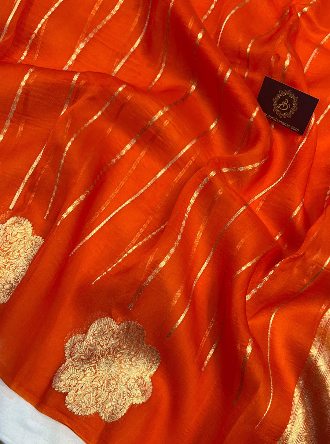 Orange Banarasi Handloom Kora Silk Saree - Aura Benaras