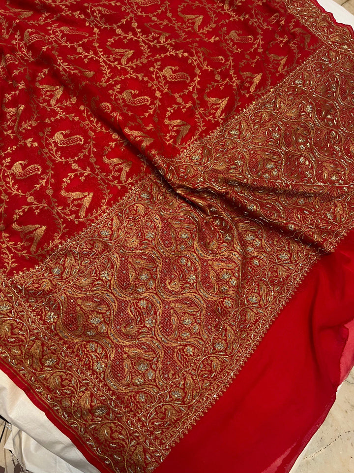 Red Zardozi Handloom Pure Georgette Silk Saree - Aura Benaras