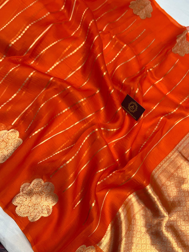 Orange Banarasi Handloom Kora Silk Saree - Aura Benaras