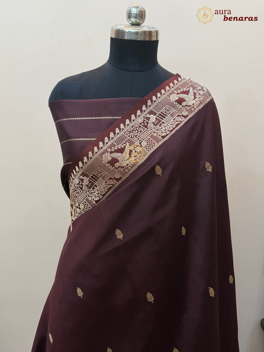 Brown Pure Katan Silk Banarasi Saree with Kadhwa Peacock & Bird Motifs