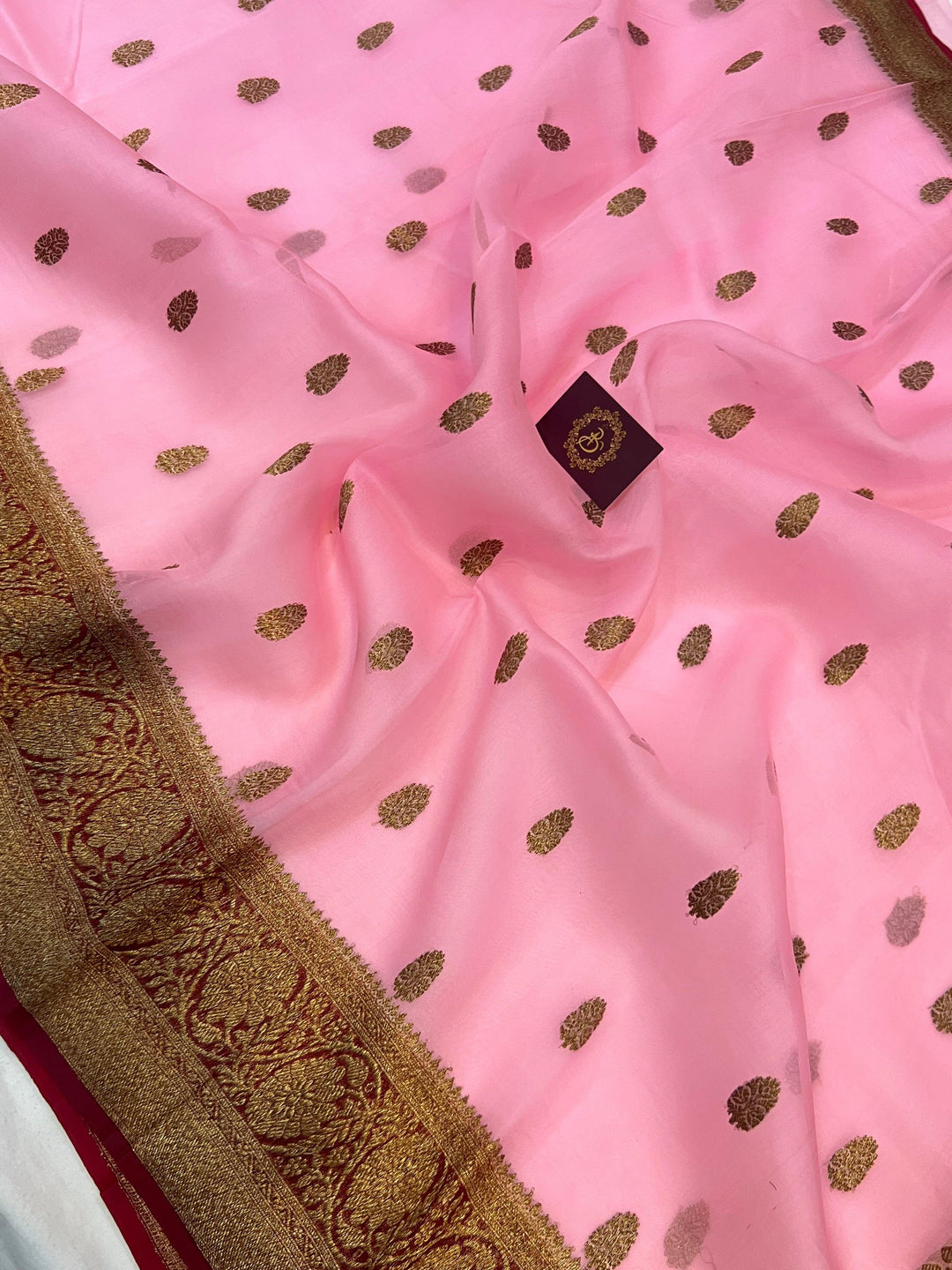 Baby Pink Banarasi Handloom Kora Silk Saree - Aura Benaras