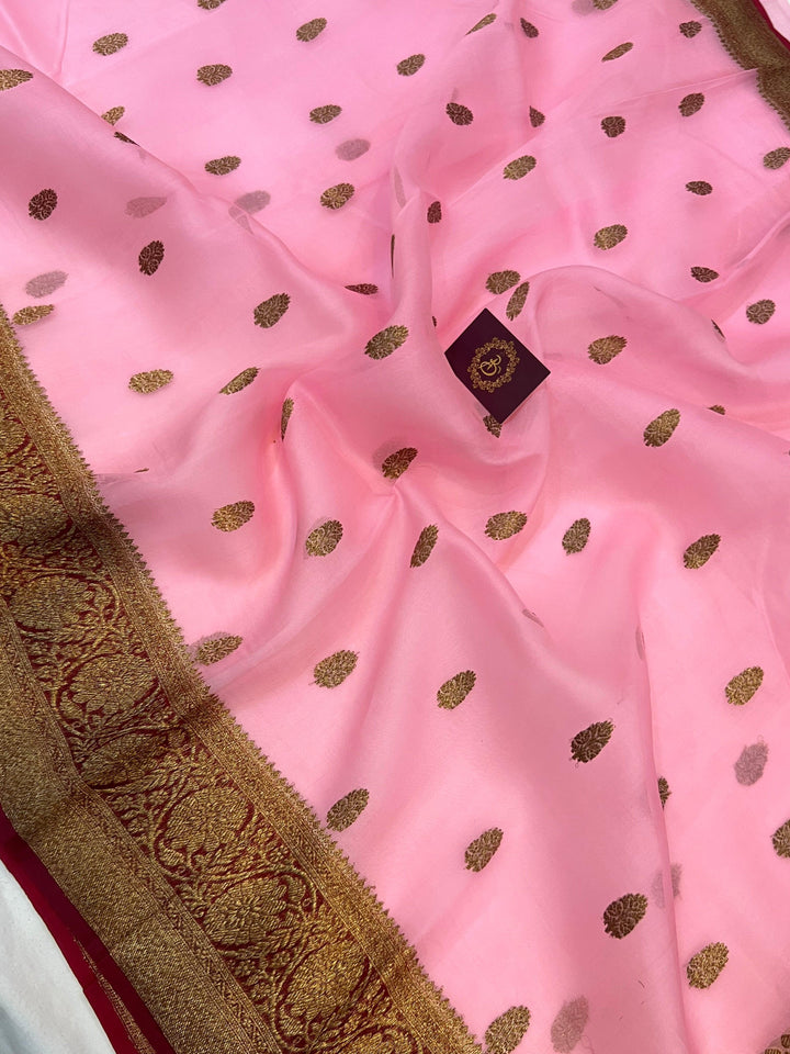 Baby Pink Banarasi Handloom Kora Silk Saree - Aura Benaras