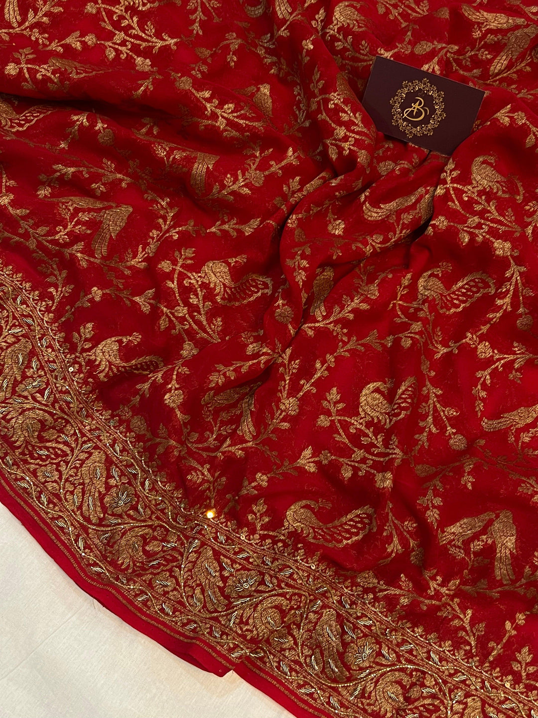 Red Zardozi Handloom Pure Georgette Silk Saree - Aura Benaras