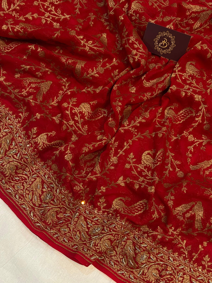 Red Zardozi Handloom Pure Georgette Silk Saree - Aura Benaras