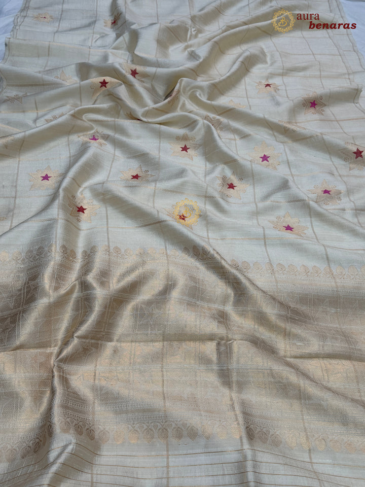 Cream Pure Raw Silk Banarasi Saree | Checks & Meenakari