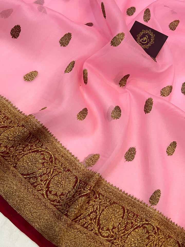 Baby Pink Banarasi Handloom Kora Silk Saree - Aura Benaras