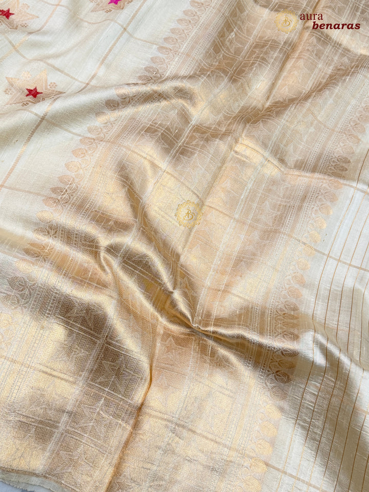 Cream Pure Raw Silk Banarasi Saree | Checks & Meenakari