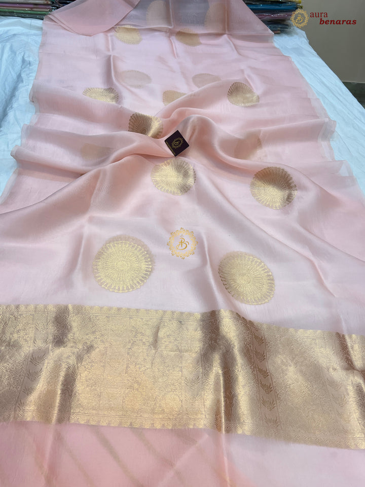  Pure Peaches Pink Banarasi Handloom Silk Saree - AuraBenaras