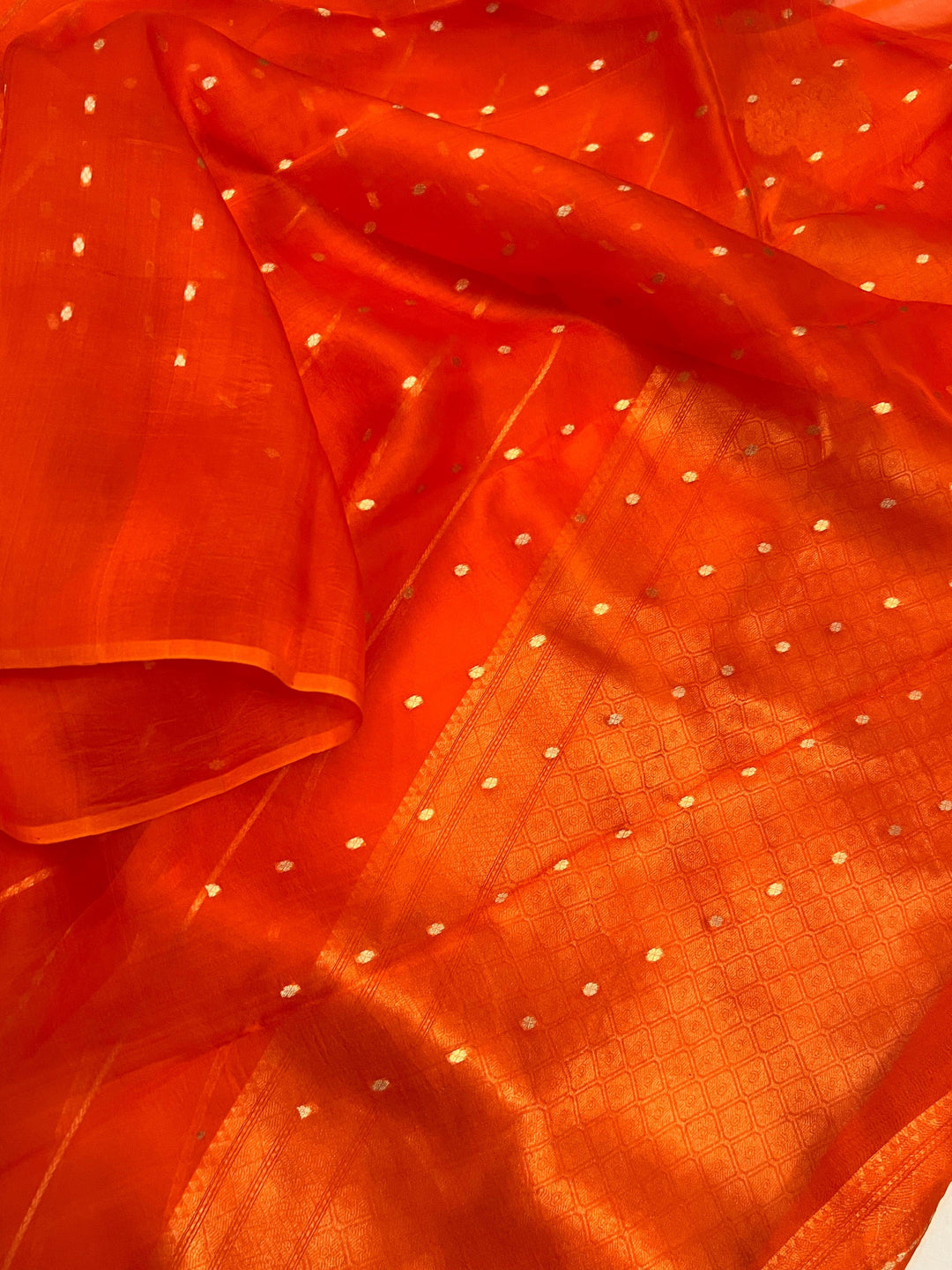 Orange Banarasi Handloom Kora Silk Saree - Aura Benaras