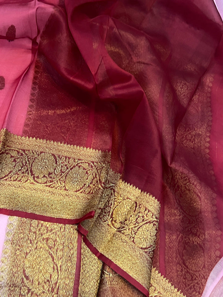 Baby Pink Banarasi Handloom Kora Silk Saree - Aura Benaras