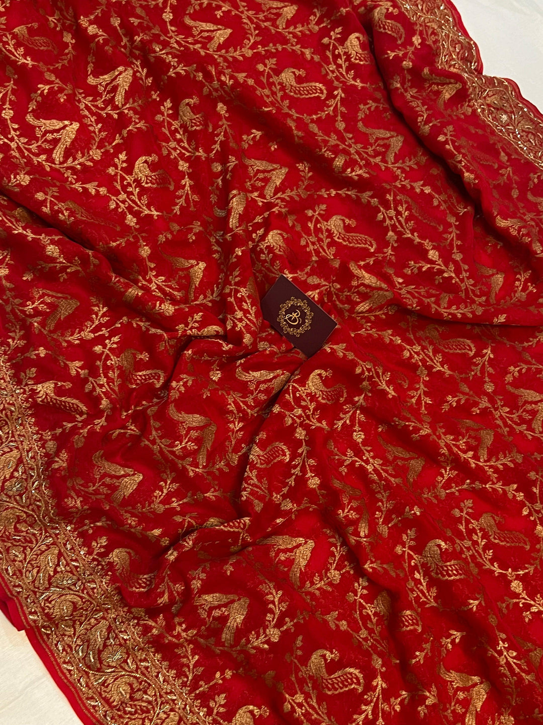 Red Zardozi Handloom Pure Georgette Silk Saree - Aura Benaras