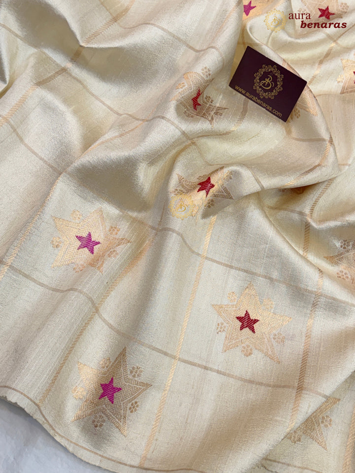 Cream Pure Raw Silk Banarasi Saree | Checks & Meenakari