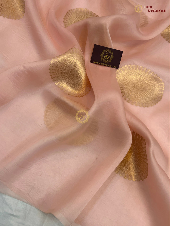  Pure Peaches Pink Banarasi Handloom Silk Saree - AuraBenaras