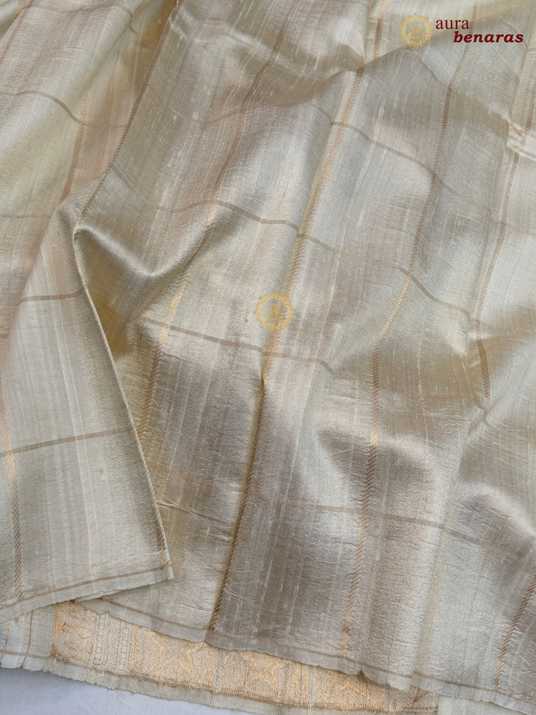 Cream Pure Raw Silk Banarasi Saree | Checks & Meenakari