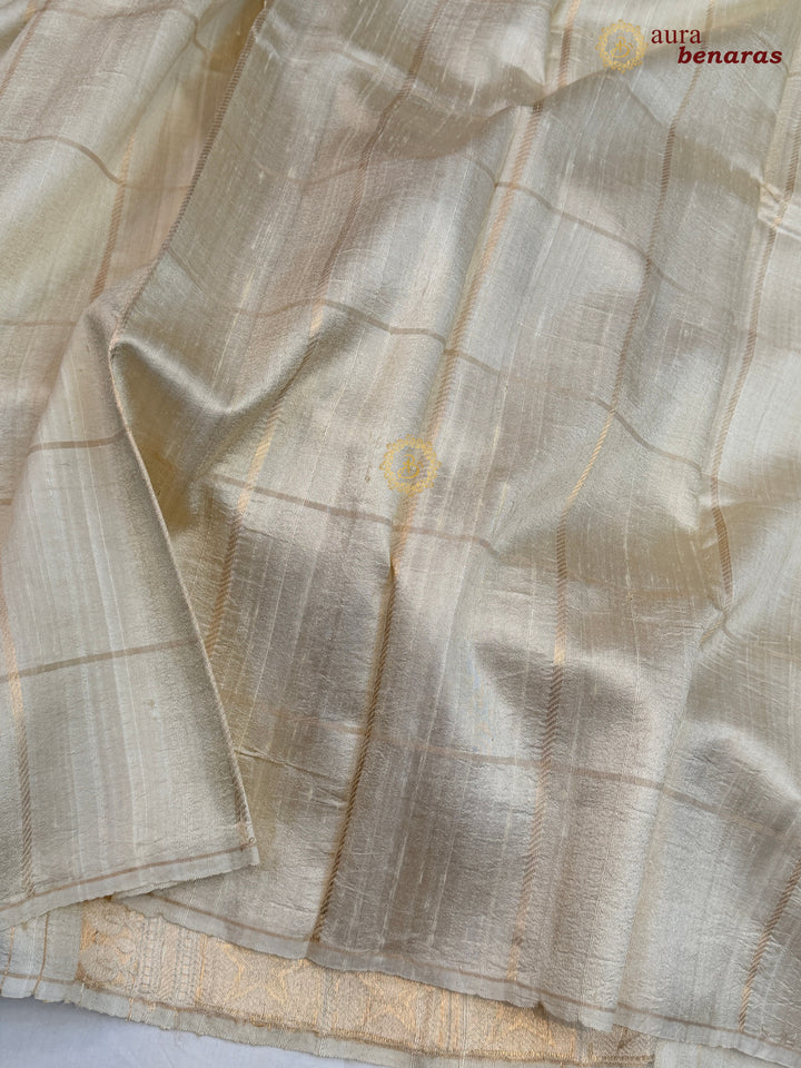 Cream Pure Raw Silk Banarasi Saree | Checks & Meenakari
