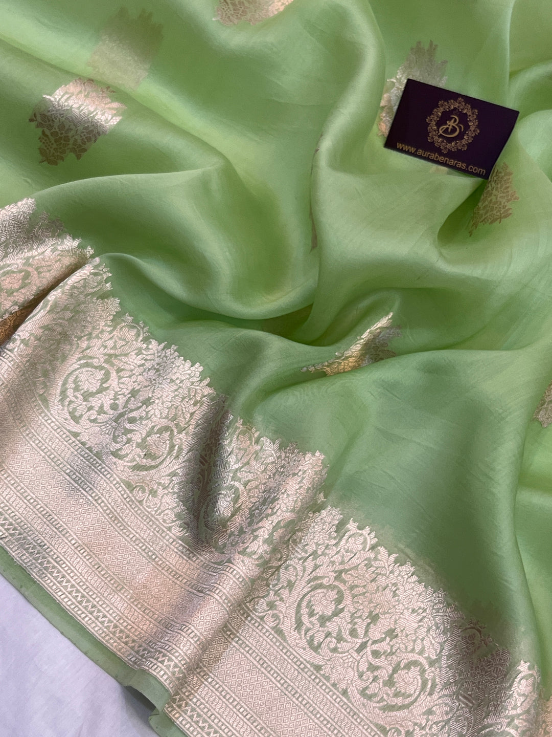 Pista Green Pure Kora Silk Handloom Banarasi Saree