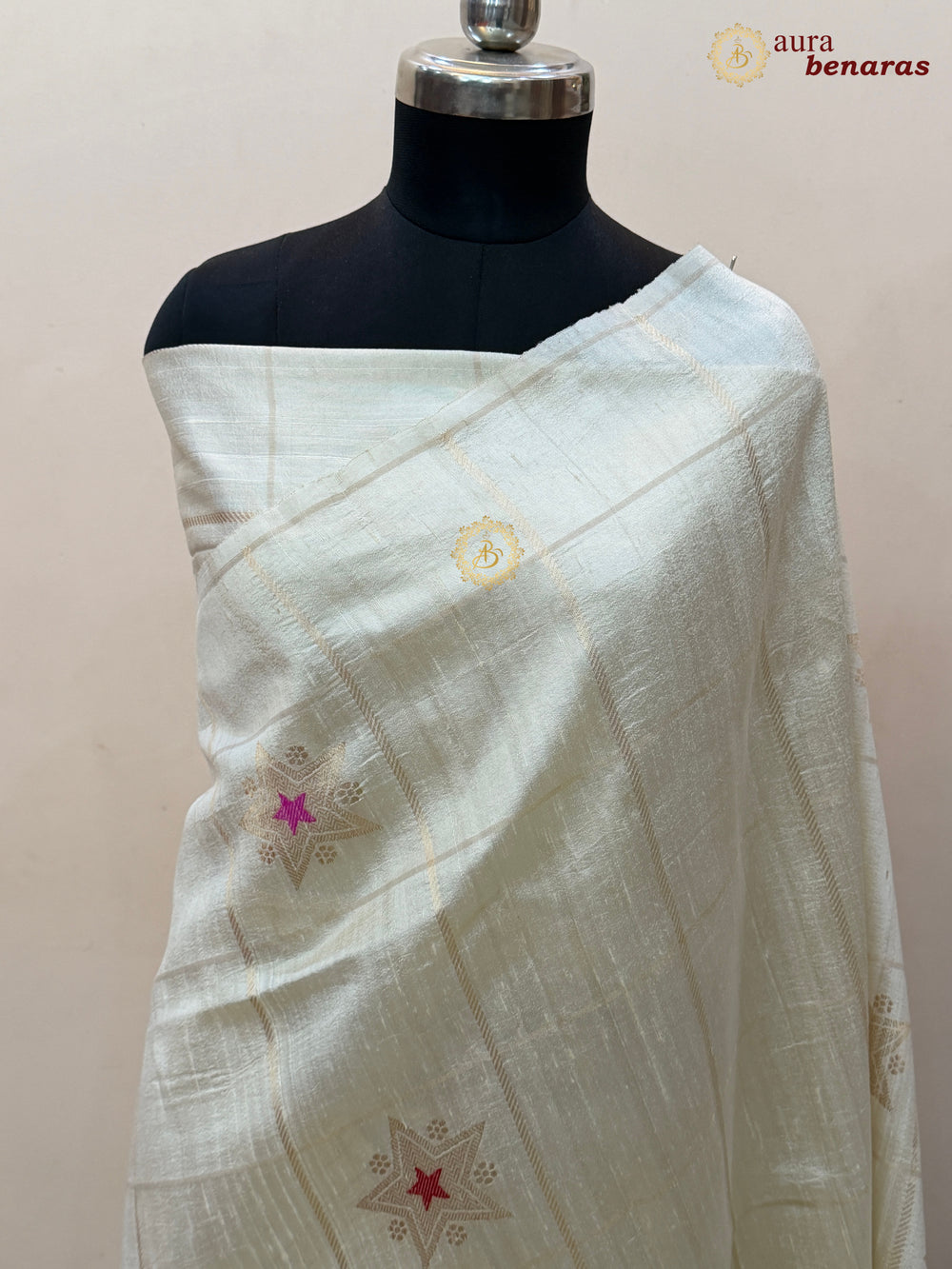 Cream Pure Raw Silk Banarasi Saree | Checks & Meenakari