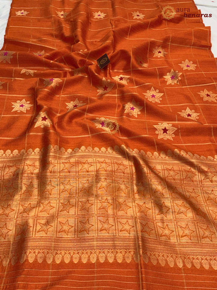 Orange Pure Raw Silk Banarasi Saree | Checks & Meenakari