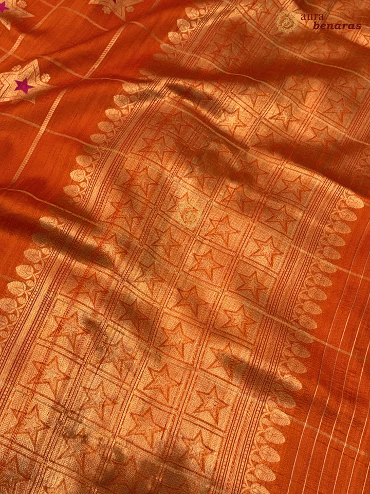 Orange Pure Raw Silk Banarasi Saree | Checks & Meenakari