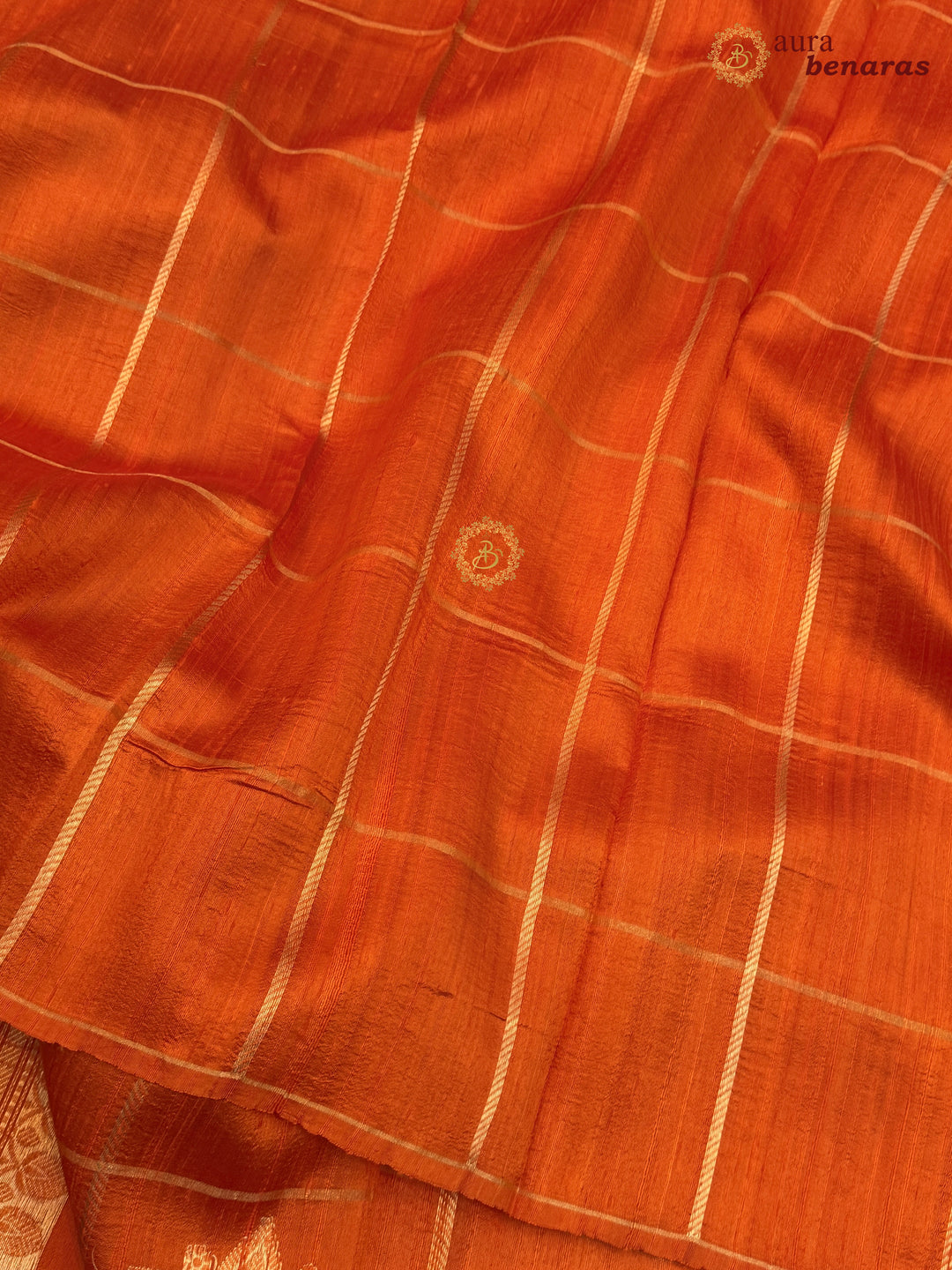 Orange Pure Raw Silk Banarasi Saree | Checks & Meenakari