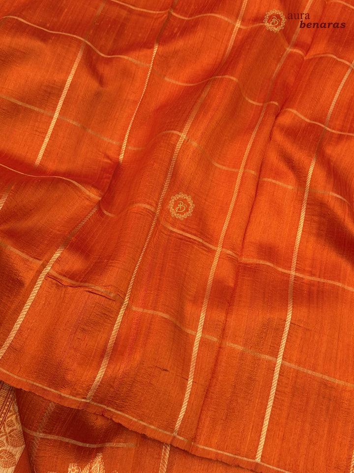 Orange Pure Raw Silk Banarasi Saree | Checks & Meenakari