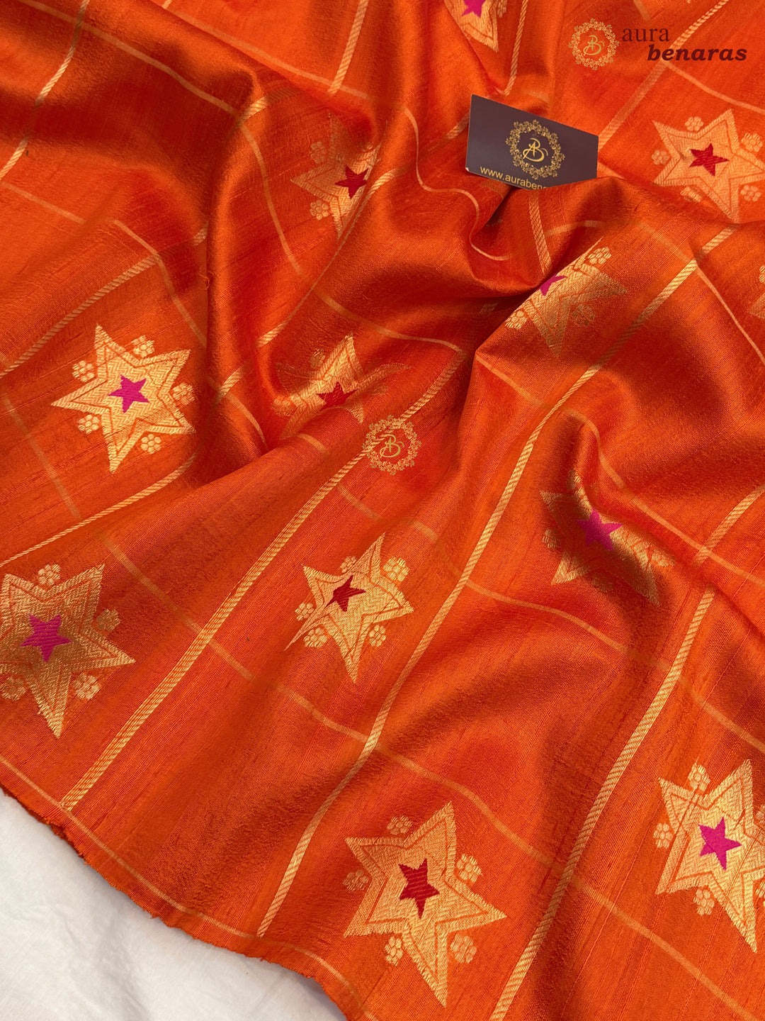 Orange Pure Raw Silk Banarasi Saree | Checks & Meenakari