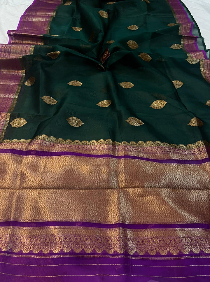 Bottle Green Banarasi Handloom Kora Silk Saree - Aura Benaras