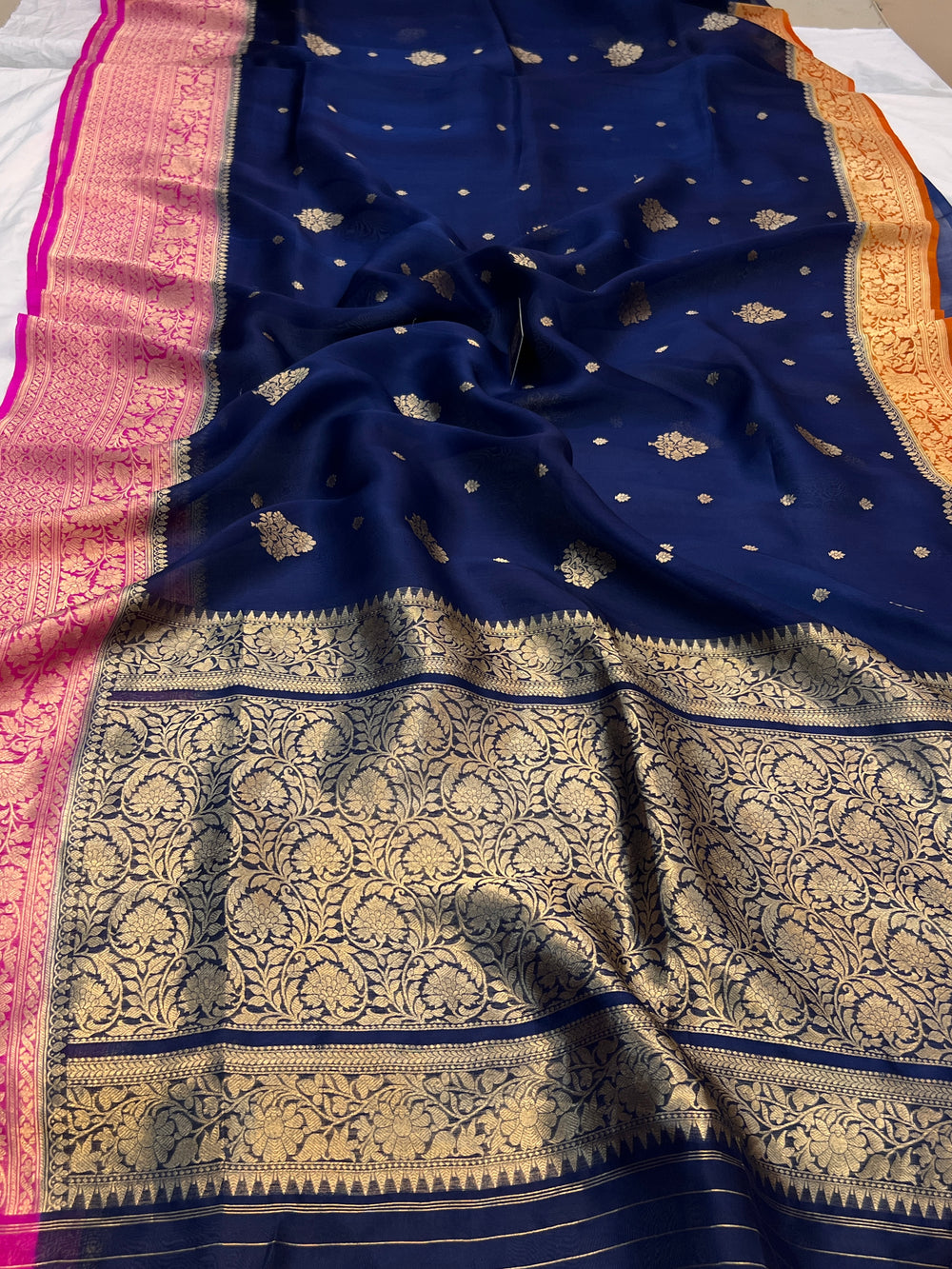 Navy Blue Banarasi Handloom Kora Silk Saree