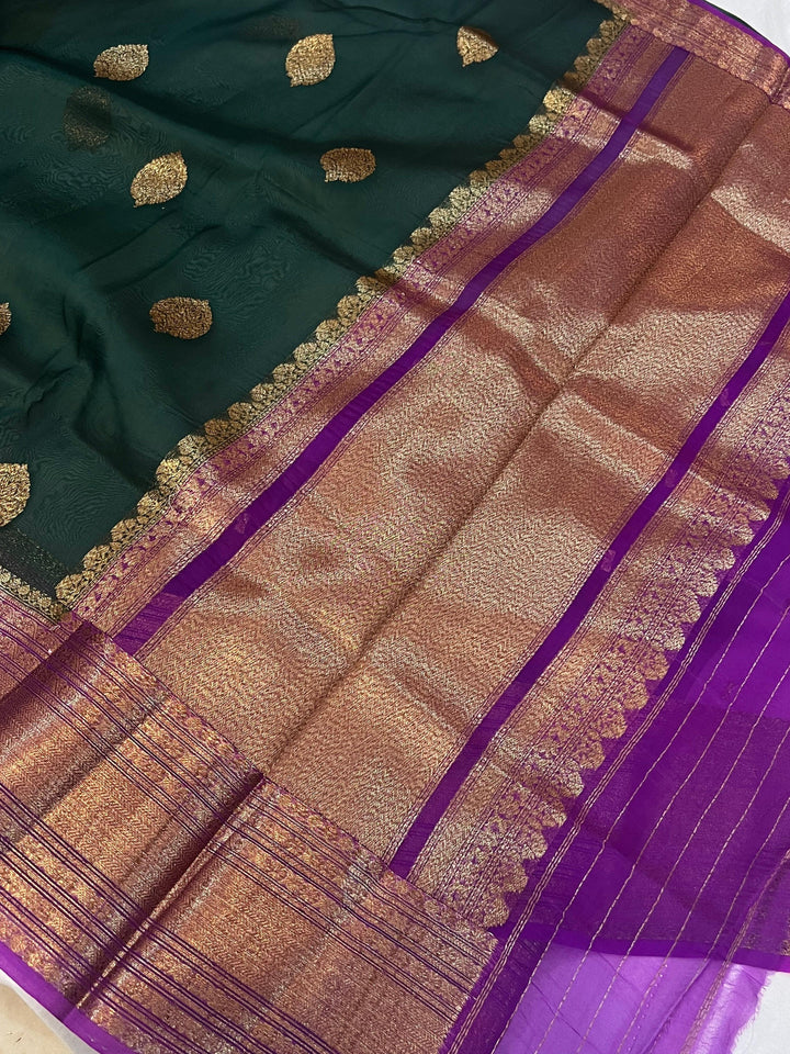 Bottle Green Banarasi Handloom Kora Silk Saree - Aura Benaras