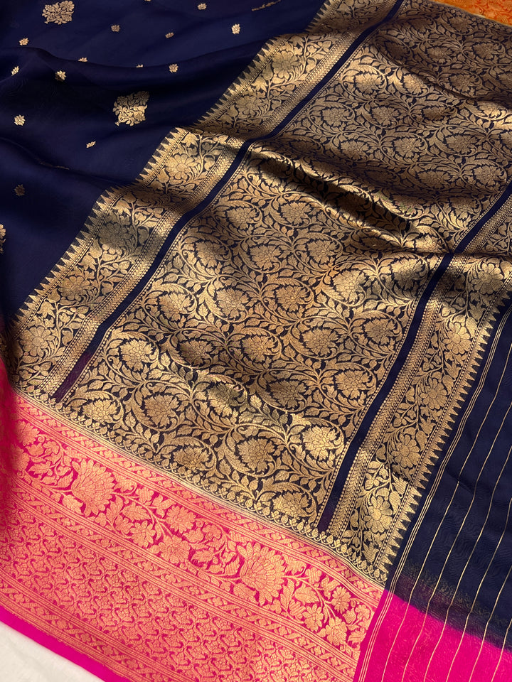 Navy Blue Banarasi Handloom Kora Silk Saree