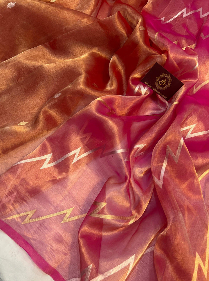 Red - Pink Shaded Banarasi Handloom Tissue Silk Saree - Aura Benaras