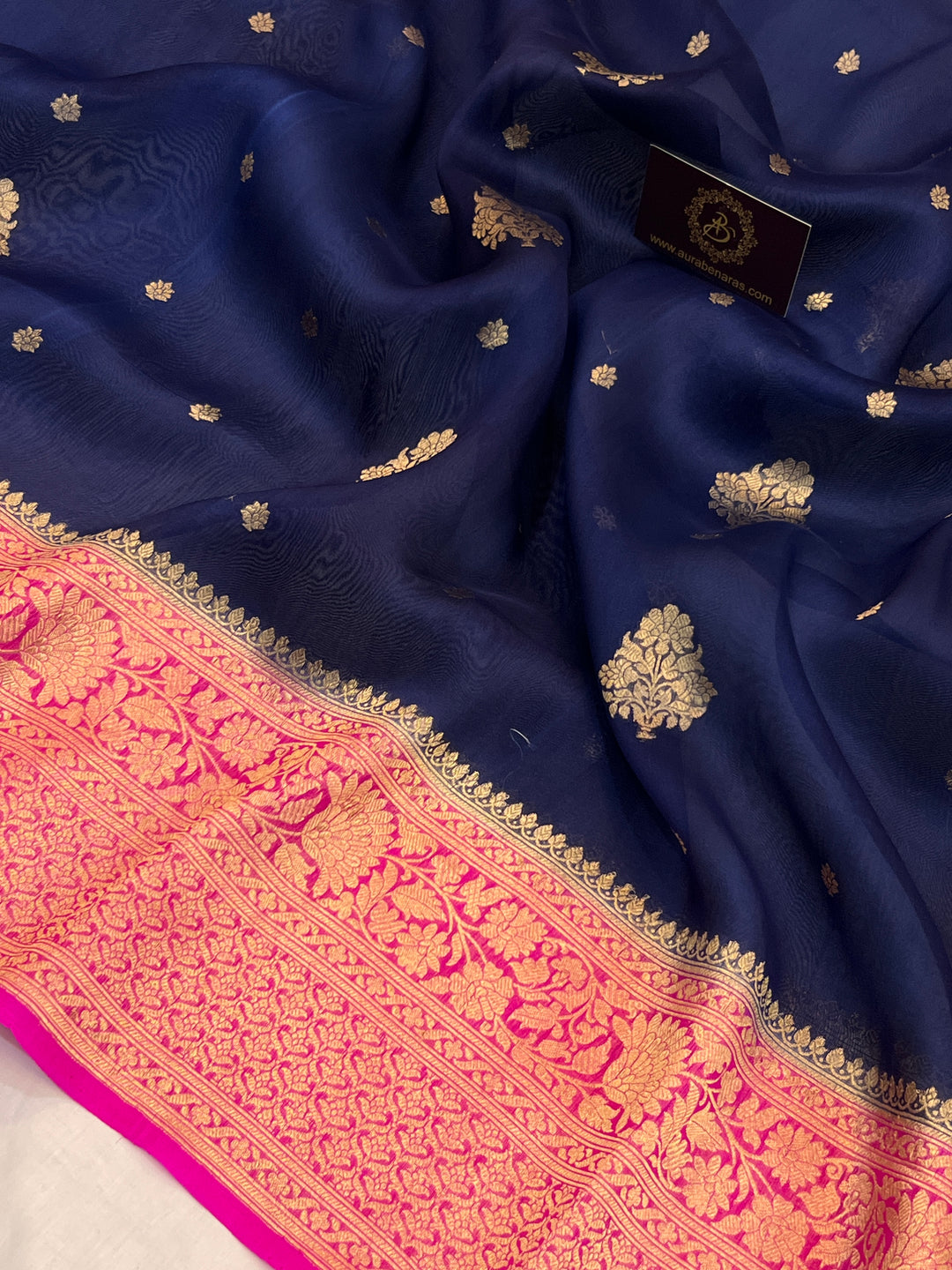 Navy Blue Banarasi Handloom Kora Silk Saree