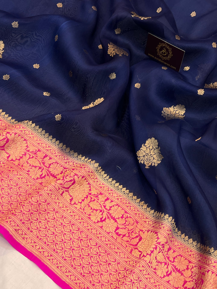 Navy Blue Banarasi Handloom Kora Silk Saree