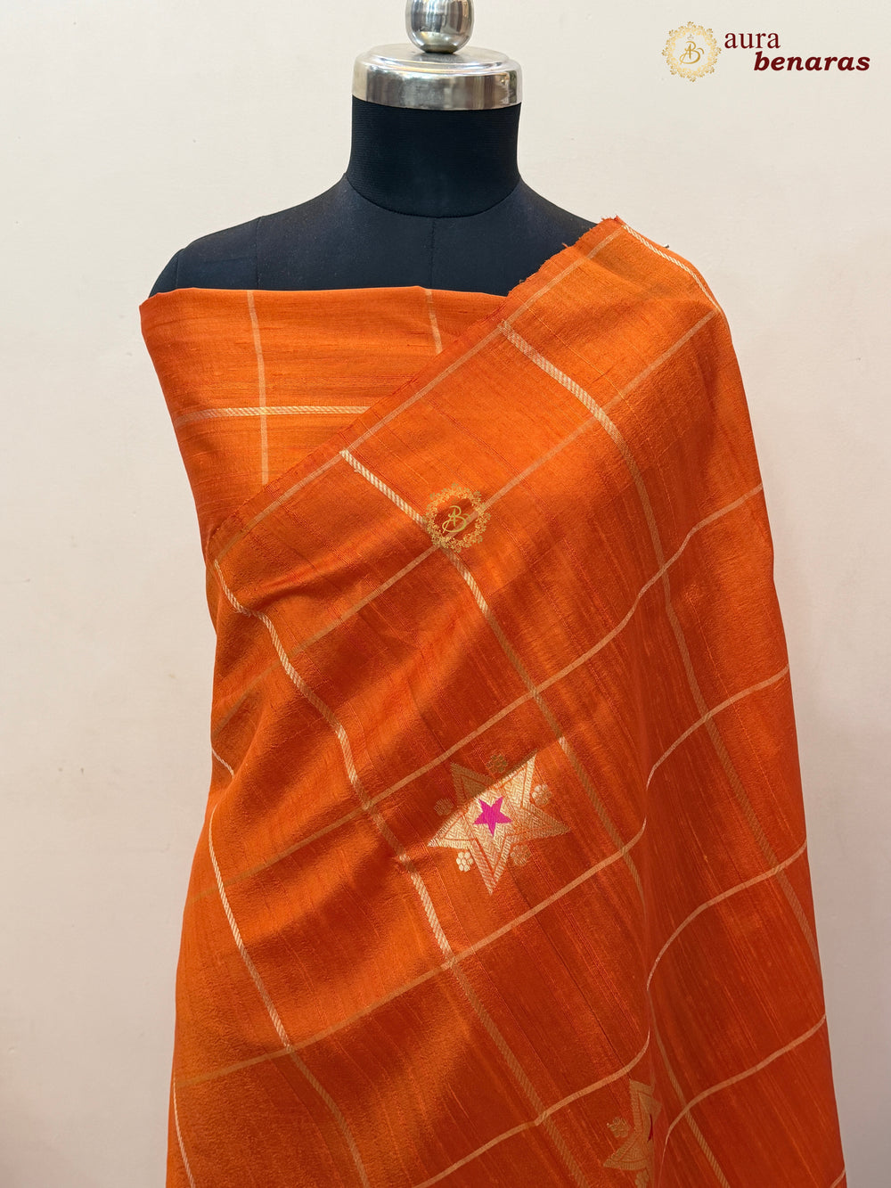 Orange Pure Raw Silk Banarasi Saree | Checks & Meenakari
