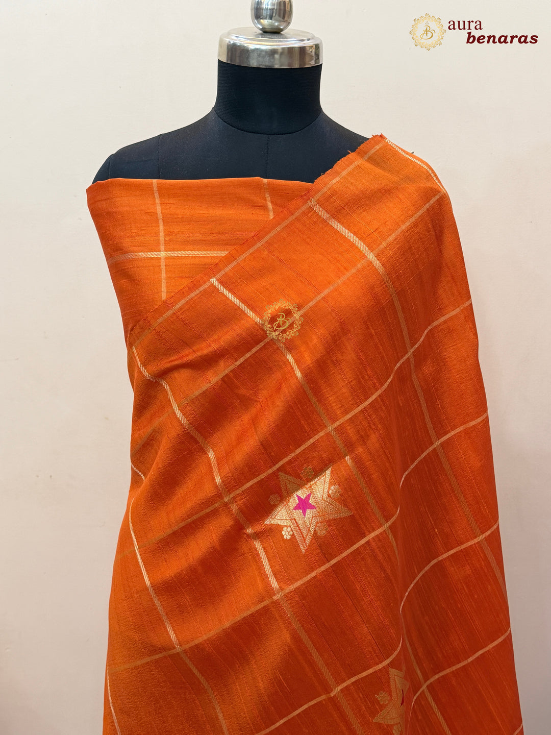 Orange Pure Raw Silk Banarasi Saree | Checks & Meenakari