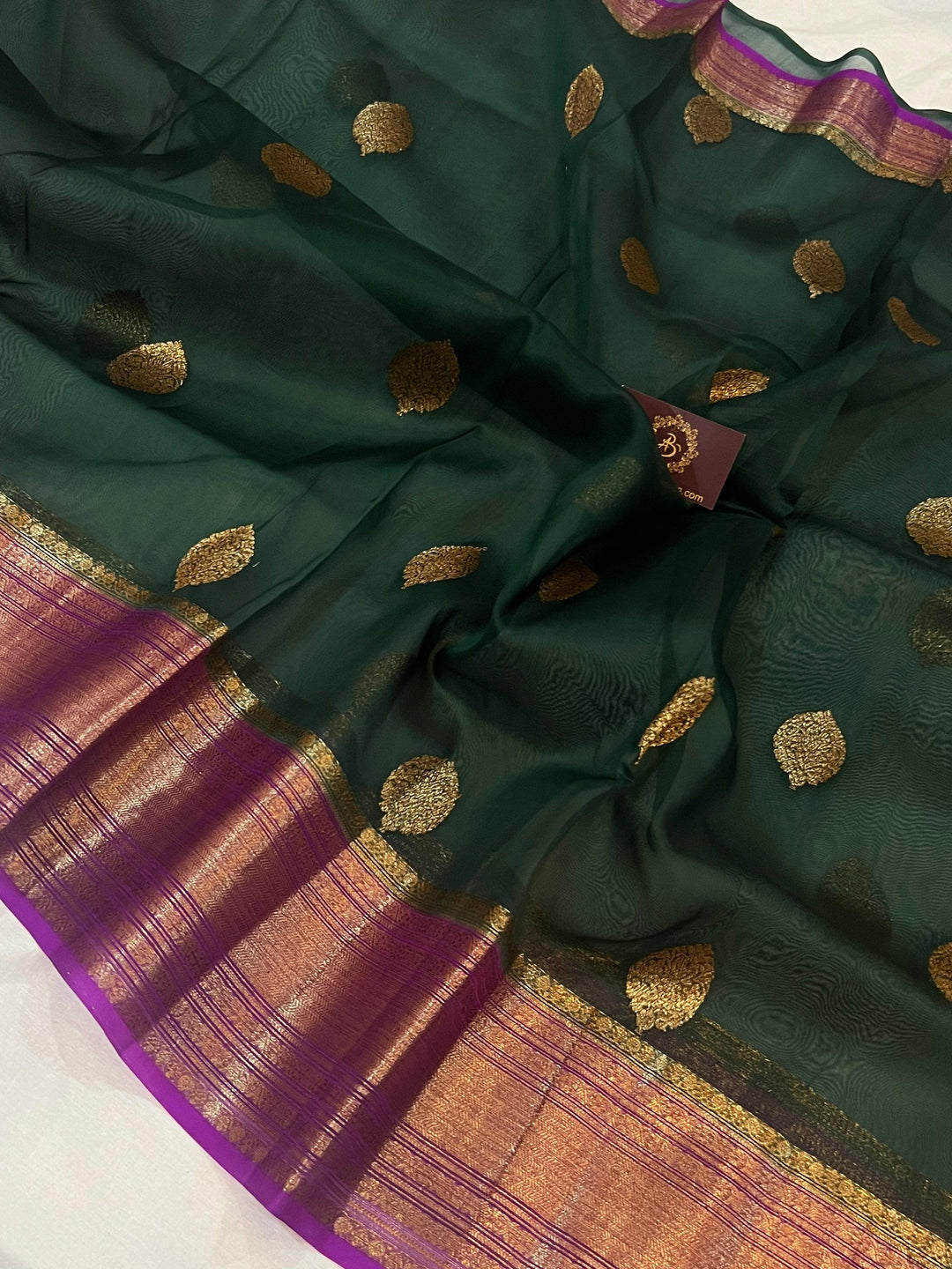 Bottle Green Banarasi Handloom Kora Silk Saree - Aura Benaras