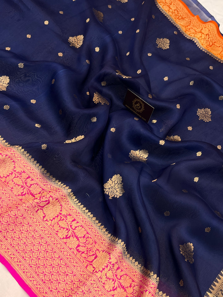 Navy Blue Banarasi Handloom Kora Silk Saree