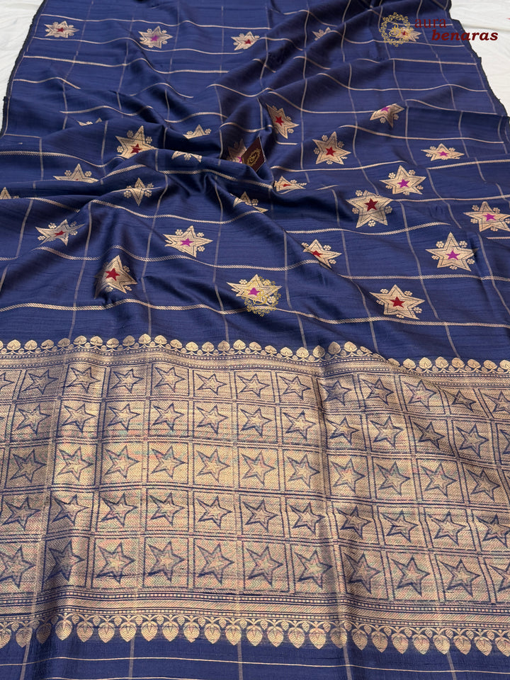 Navy Blue Pure Raw Silk Banarasi Saree | Checks & Meenakari