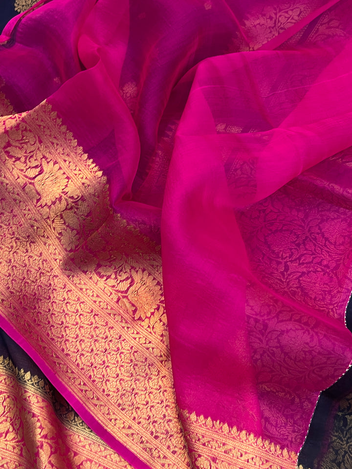 Navy Blue Banarasi Handloom Kora Silk Saree