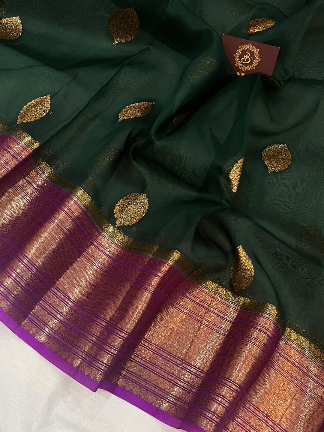 Bottle Green Banarasi Handloom Kora Silk Saree - Aura Benaras