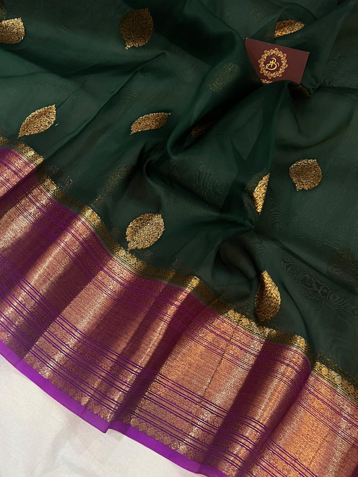 Bottle Green Banarasi Handloom Kora Silk Saree - Aura Benaras
