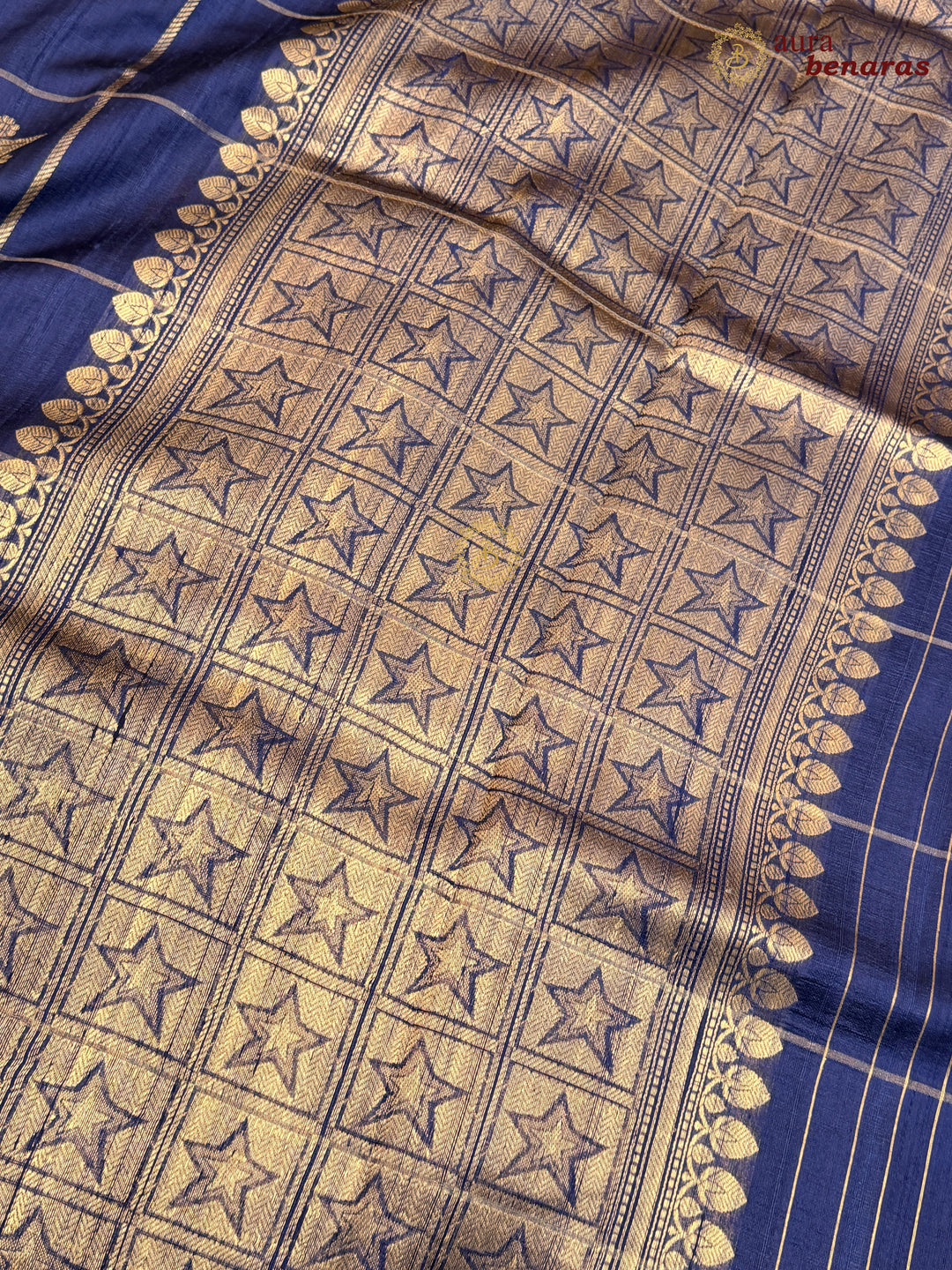 Navy Blue Pure Raw Silk Banarasi Saree | Checks & Meenakari