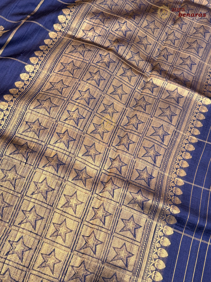 Navy Blue Pure Raw Silk Banarasi Saree | Checks & Meenakari