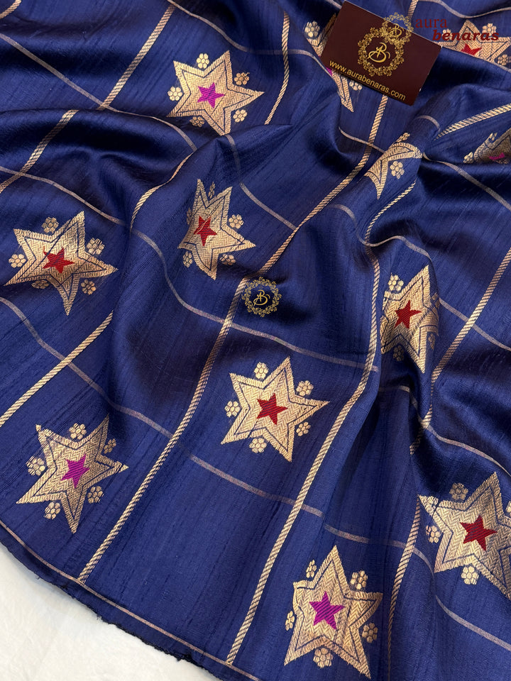 Navy Blue Pure Raw Silk Banarasi Saree | Checks & Meenakari