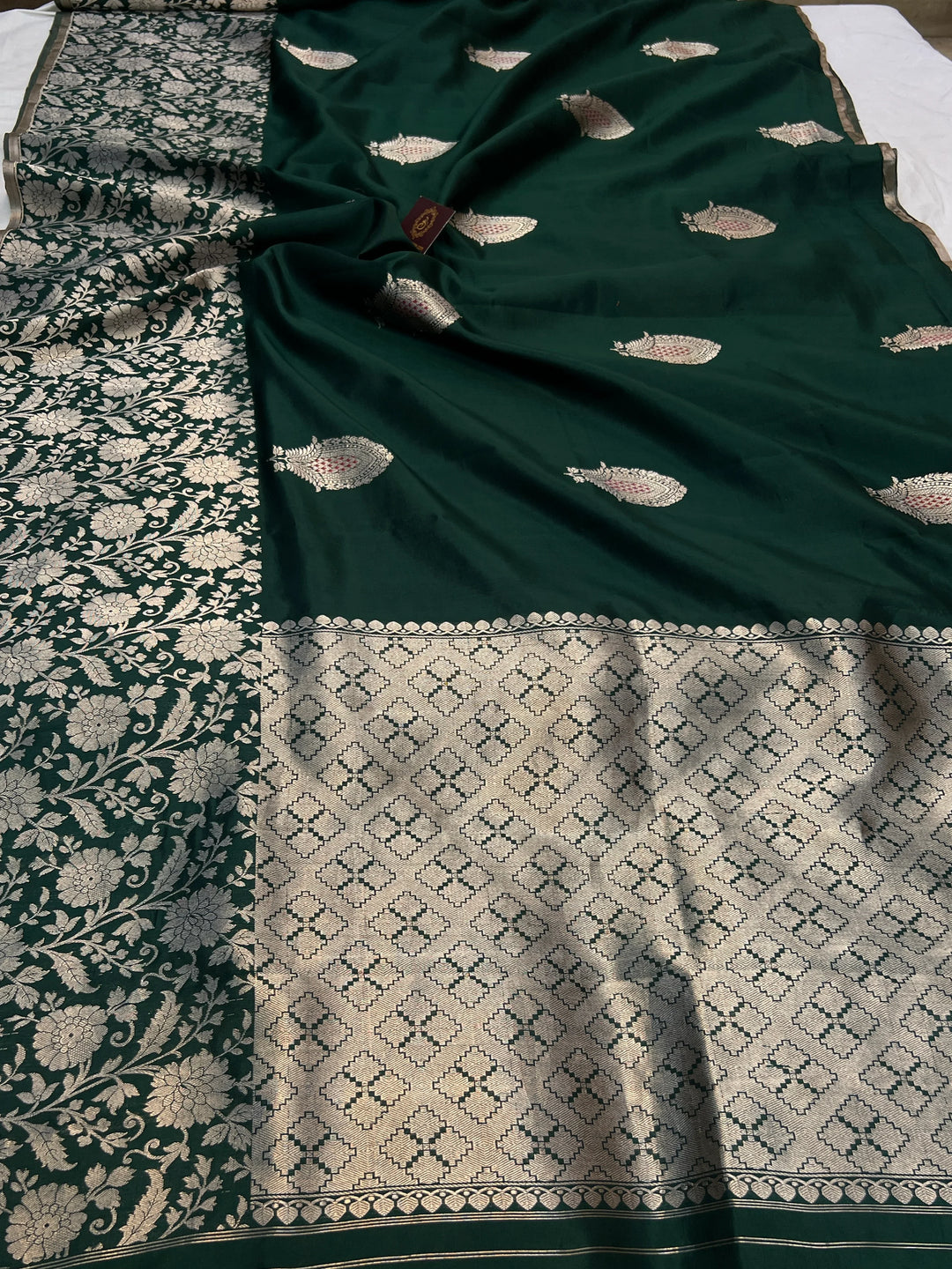 Bottle Green Pure Silk Handloom Banarasi Saree