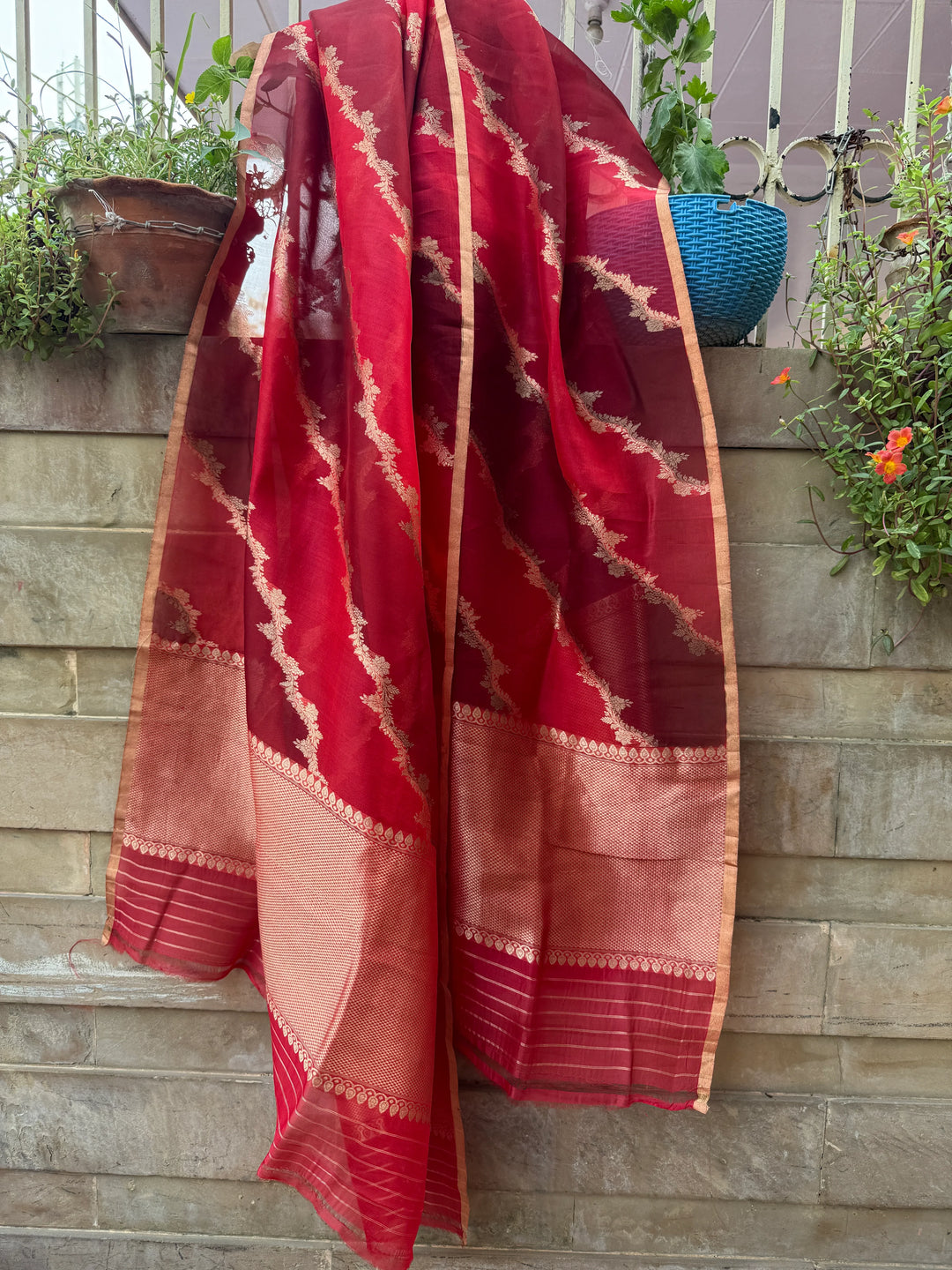 Red Rangkaat Kora Silk Banarasi Dupatta with Kadhwa Jaal
