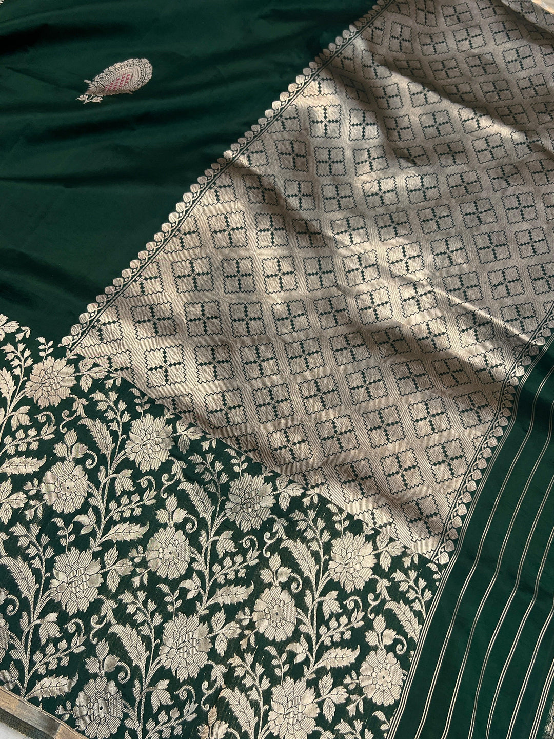 Bottle Green Pure Silk Handloom Banarasi Saree