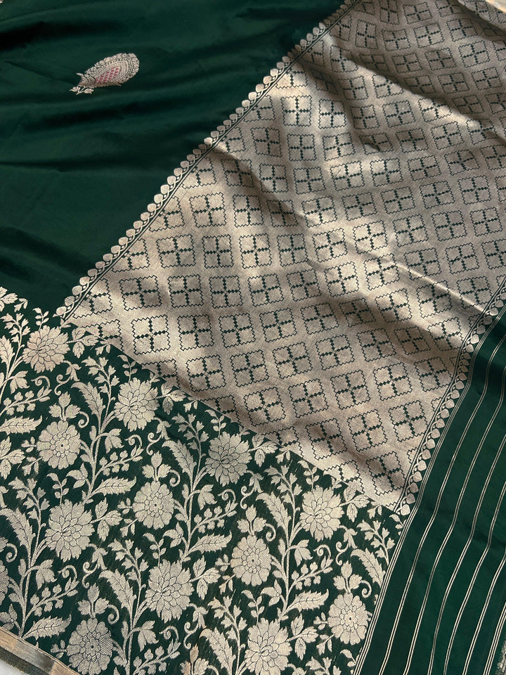 Bottle Green Pure Silk Handloom Banarasi Saree
