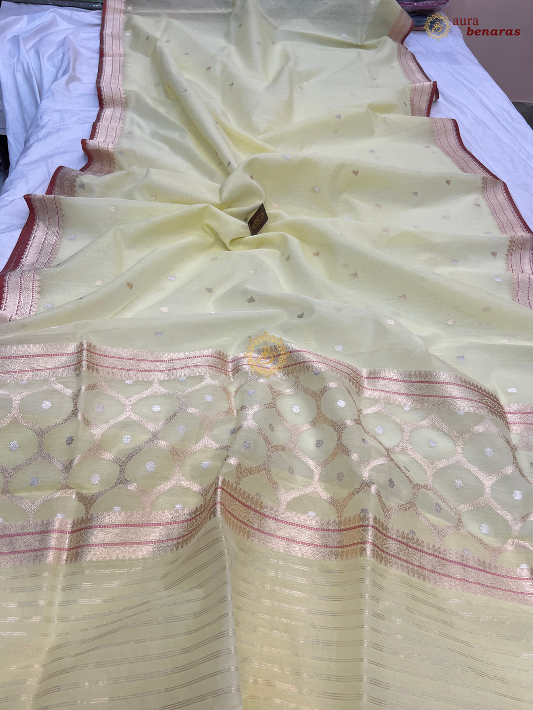 Pastel Yellow Kora Cotton Silk Banarasi Saree with Kadhwa Butis
